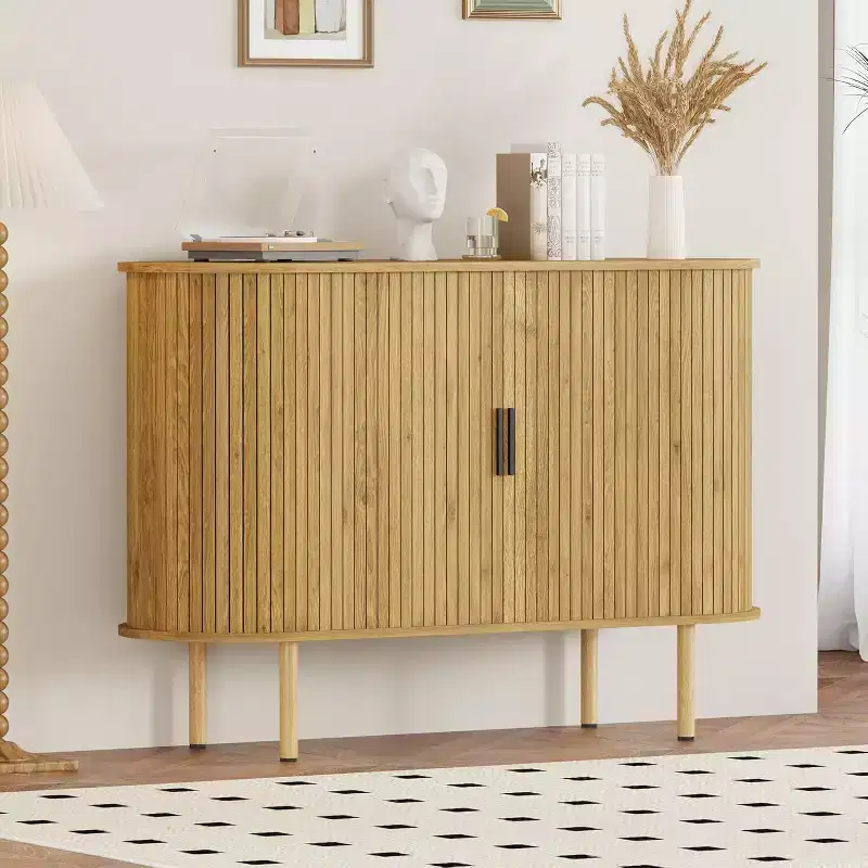 GustoWave 47 Fluted Sideboard Buffer Cabinet with Sliding Doors, Modern Wood Accent Storage Cabinet with Adjustable Shelves