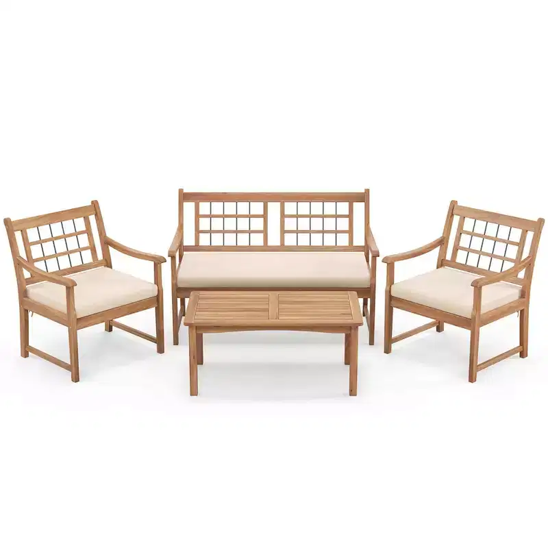 Costway 4 PCS Wood Patio Furniture Set with Soft Seat Cushions Solid Acacia Wood Frame Off White/Gray