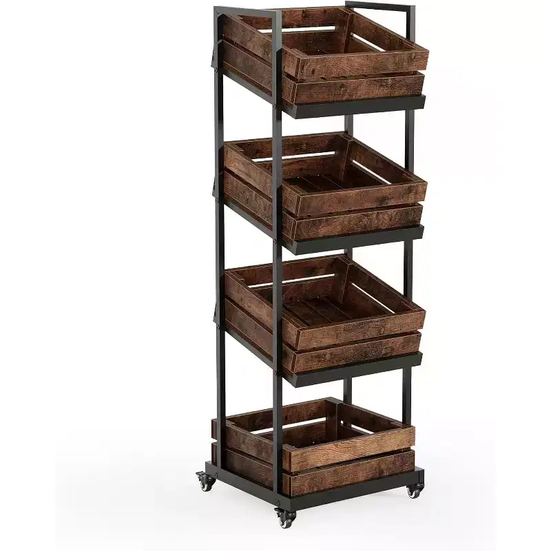 Lantine 4-Tier Wooden Kitchen Cart with Wheels, Mobile Fruit and Vegetable Storage, Utility Shelf, Organizer Rack for Pantry, Bedroom, Living Room