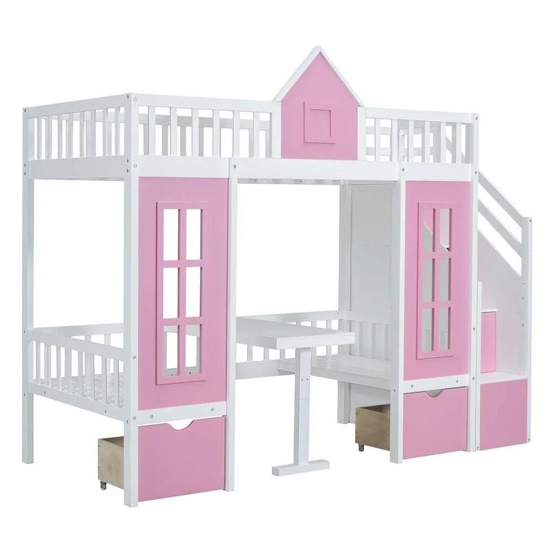 Twin-Over-Twin Bunk Bed with Changeable Table, Bunk Bed Turn into Upper Bed and Down Desk -Gray