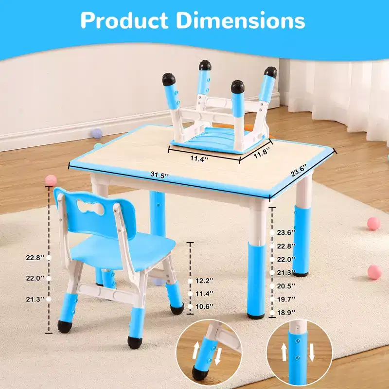 Children's table and 4 chairs, height-adjustable, doodle tabletop, multifunctional children's table and chair set for reading, drawing, dining