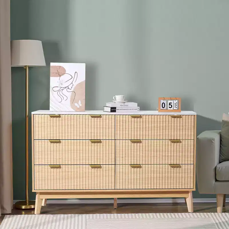 VEVOR 6 Fluted Drawer Dresser, Wooden Chest of Drawers with Sliding & Anti-tip Device, Modern Minimalist Dresser Chest, Fluted Closet Storage, Brown