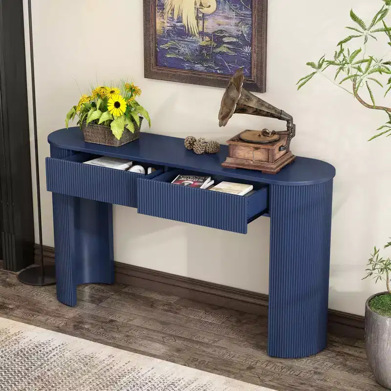 Okak 54IN Modern Console Table with Fluted Design, Entryway Table with 2 Storage Drawers and Oval Top, Accent Table for Hallway, Living Room, Navy
