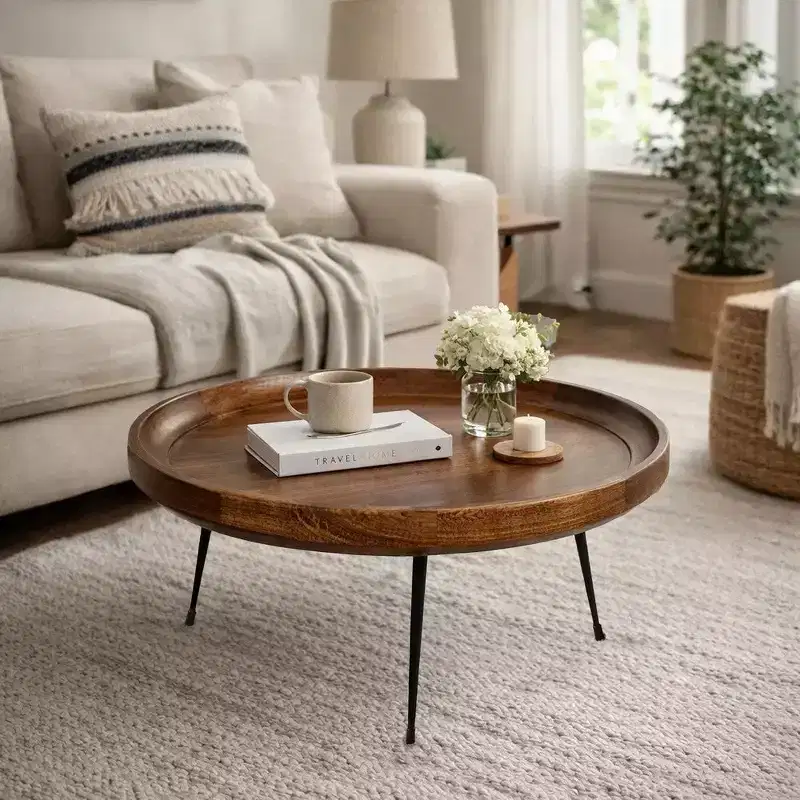 Royal Hampton Handcrafted Round Mango Wood Coffee Table with Tray Top, Dark Walnut Brown, Black Iron Legs
