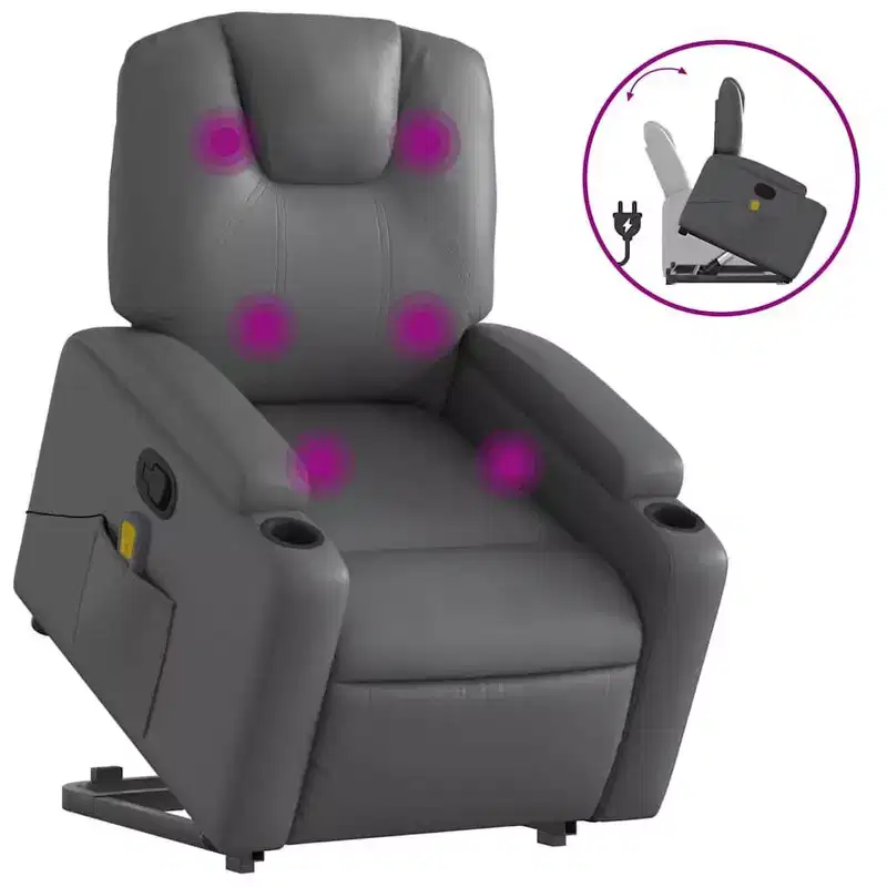 Power Lift Massage Recliner Chair, Faux Leather with Cup Holders, Gray
