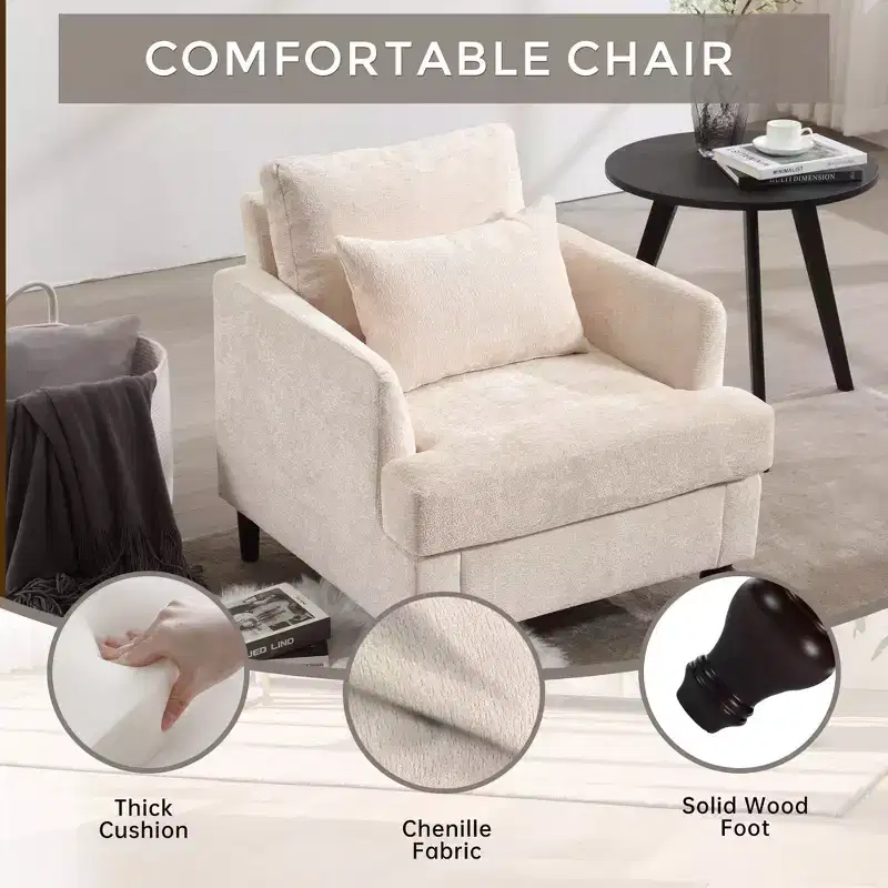 Modern Accent Armchair, Wood Frame, Tufted Club Chair Design, Mid Century Style Lounge Chair.
