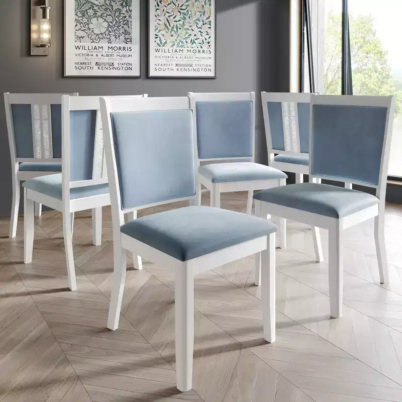 ChaletPosh Set of 6 White Wooden Dining Chair with Light Blue Velvet Cover