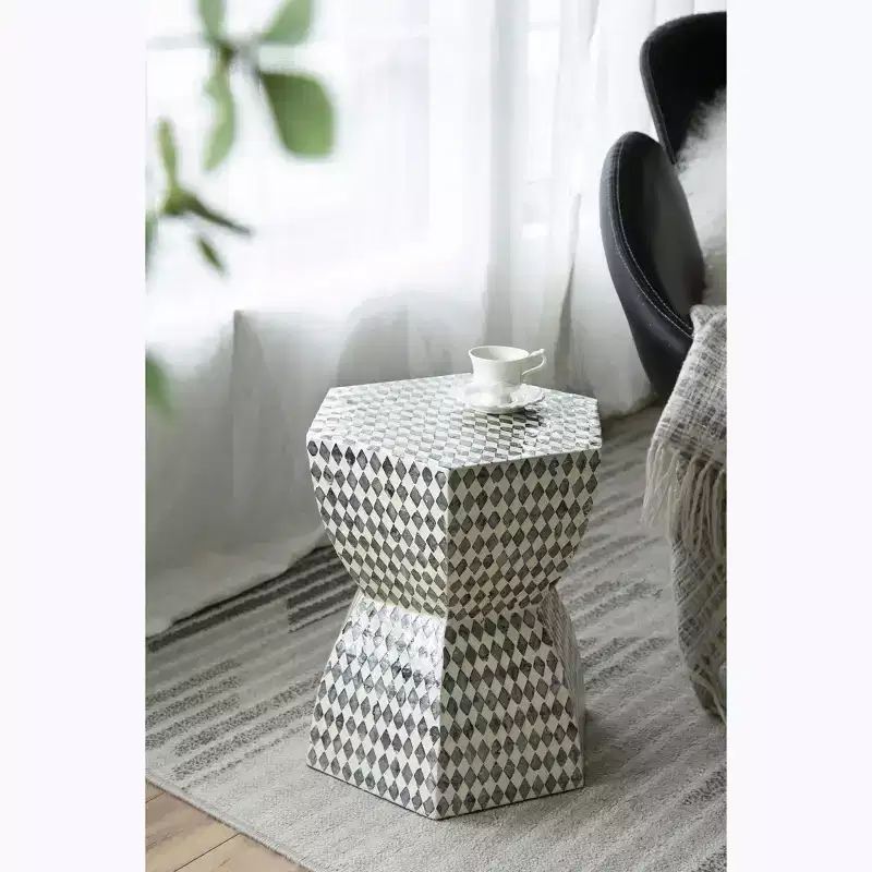 Hexagonal Garden Capiz Stool Accent Table Black White 15x13x17