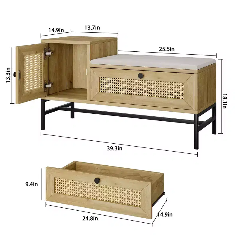 Rattan shoe bench with drawer wooden entryway storage bench with soft seat cushion and adjustable shelf three-layer shoe rack storage rack for hallway