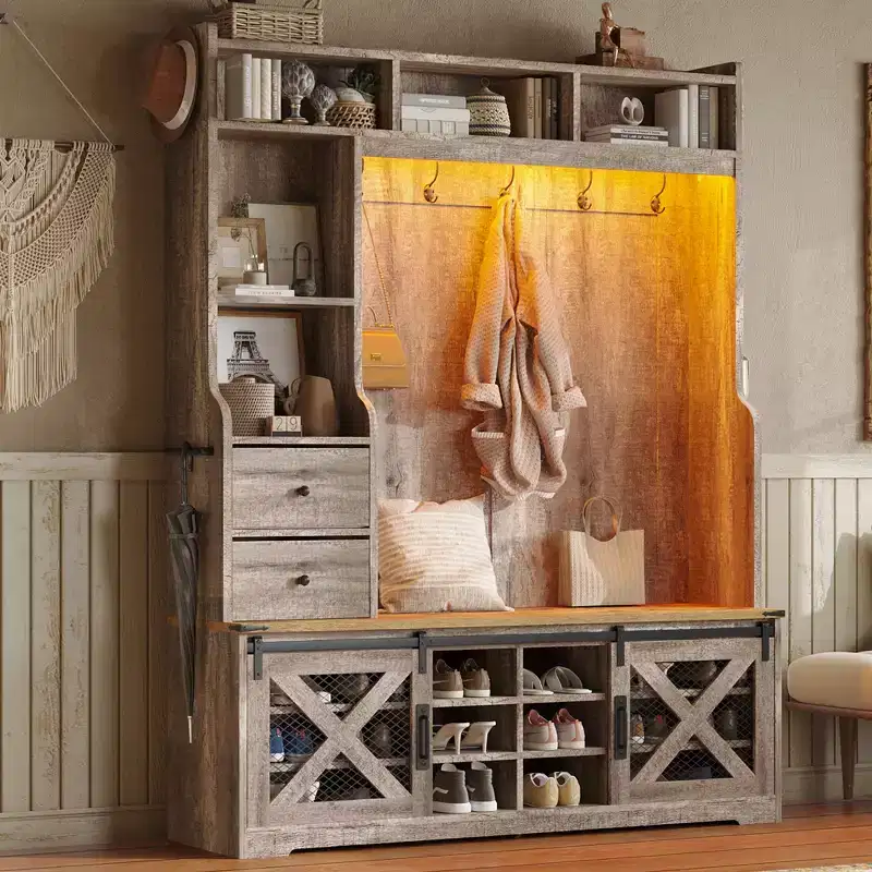 7-in-1 Farmhouse Hall Tree with Bench, Shoe Cabinet, LED Lights & Drawers