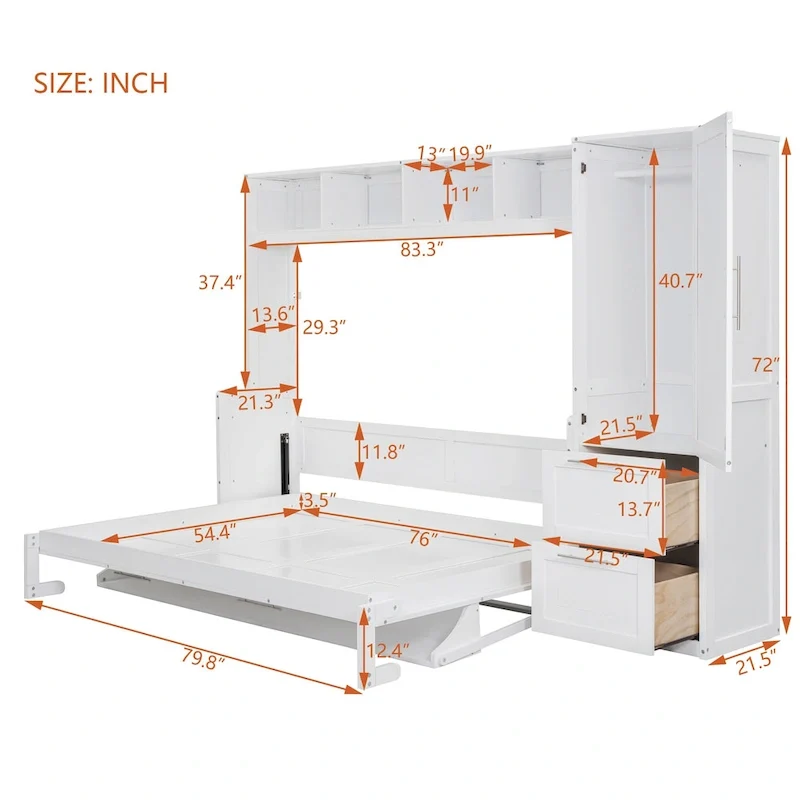 Full Size Murphy Bed – White, Wall-Fold, Built-in Shelf, Side Wardrobe & 2 Drawers, Sleeps 1