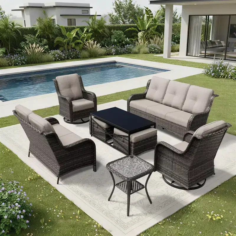 UPTIOT Premium Outdoor Sofa Set with Swivel Chairs and Multi-Functional Ottomans