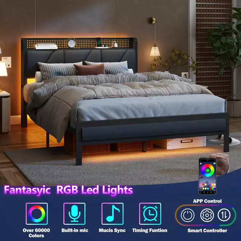 Full Size Platform Bed Frame Upholstered Headboard with LED Lights Charging Station Heavy Duty Metal Support No Box Spring Needed Gaming Bedroom