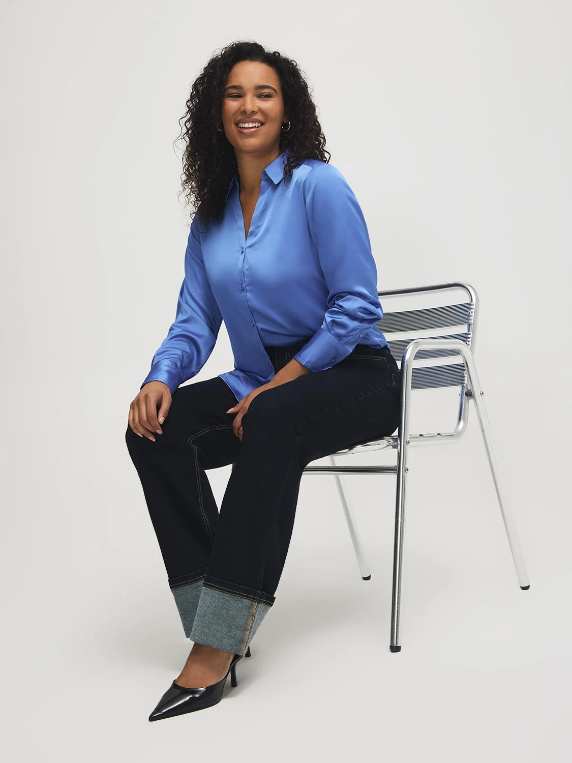 Johnny Collar Satin-Like Blouse