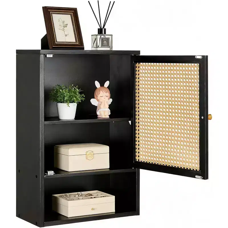Wall-Mount Bamboo Over-Toilet Cabinet with Rattan Doors & Adjustable Shelf – 15.75