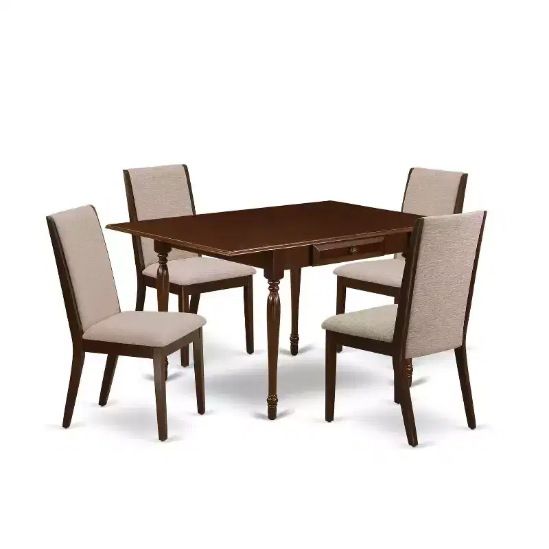 5-Piece Mahogany Finish Solid Wood Top - Rectangular Dining Room Set with Leaf - Seats 4