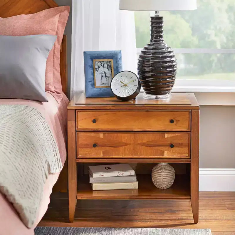 Lifestorey Monty Mid Century Modern 2 Drawer Nightstand Oak: Modern Bedside Table with Storage, Acacia Wood Veneer, Metal Glides