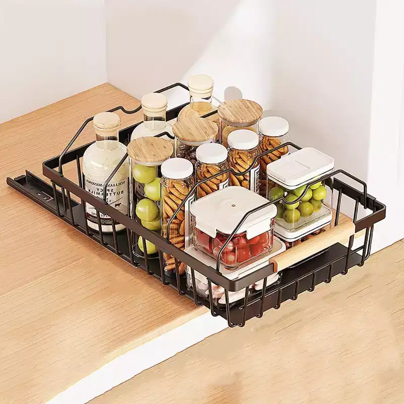 Black Carbon Steel Under-Cabinet Pull-Out Organizer Racks, No-Drill Spice Bottle Storage Shelves for Kitchen