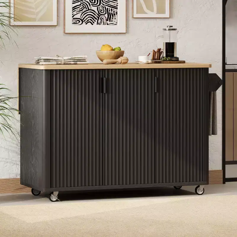 GDFStudio Yasir 51 Farmhouse Fluted Kitchen Island with Drop Leaf, Wheels and Internal Storage Rack
