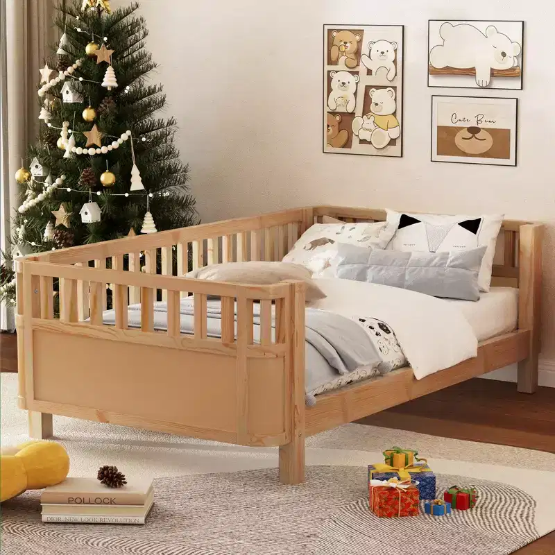 Twin Size Platform Bed with Rails for Girls and Boys, Sturdy Wooden Frame