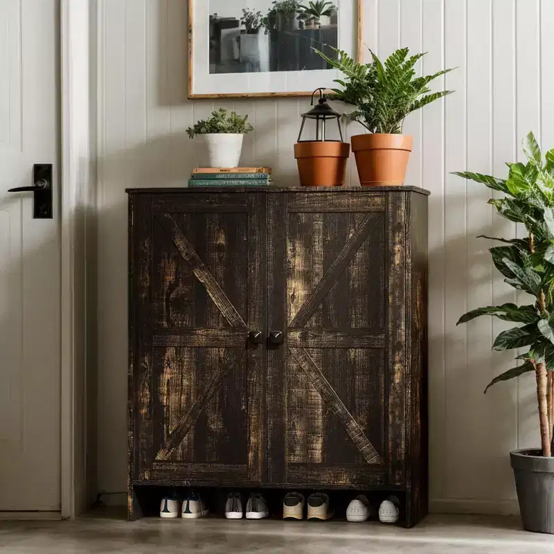 Karl Home 2-Door Barn Door Shoe Cabinet Black Square Handle Black Oak 31.6 Inch