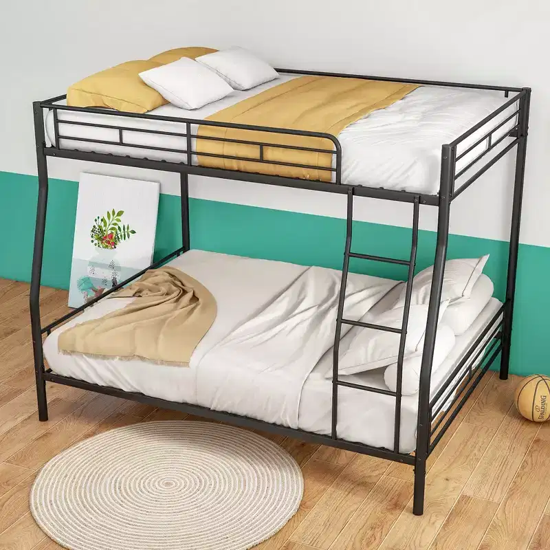 Heavy Duty Metal Bunk Bed Full Over Queen Frame for Adults, Noise Free, No Box Spring Needed, Black