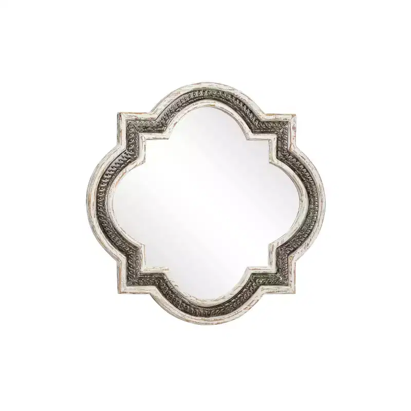 White wooden four-leaf clover wall mirror with Baroque wrought iron inlay; no assembly required.