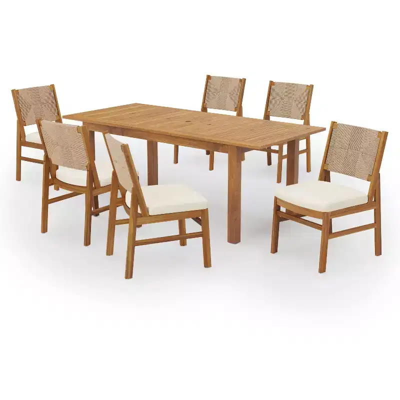 Christopher Knight Home Allison Outdoor Expandable Acacia Wood and Wicker Woven 7 Piece Dining Set with Cushions