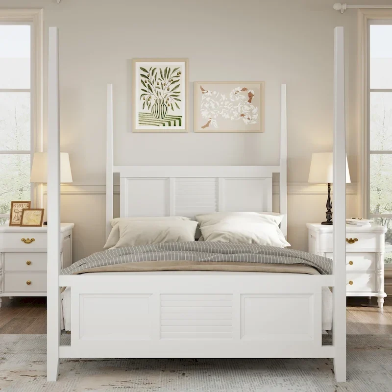 Roomfitters King Size Poster Bed, Solid Wood Frame, Horizontal Grille Design, White