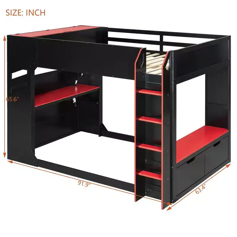 Loft Bed with Height-Adjustable Desk, RGB Lights and Storage, Full Size Space-Saving Bed