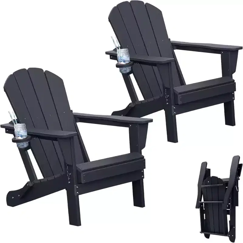 Set of 2 Adirondack Chairs with Cup Holder, Folding Plastic Adirondack Chairs, All-Weather Outdoor Patio Chairs for Backyard, Poolside-Panipeachy