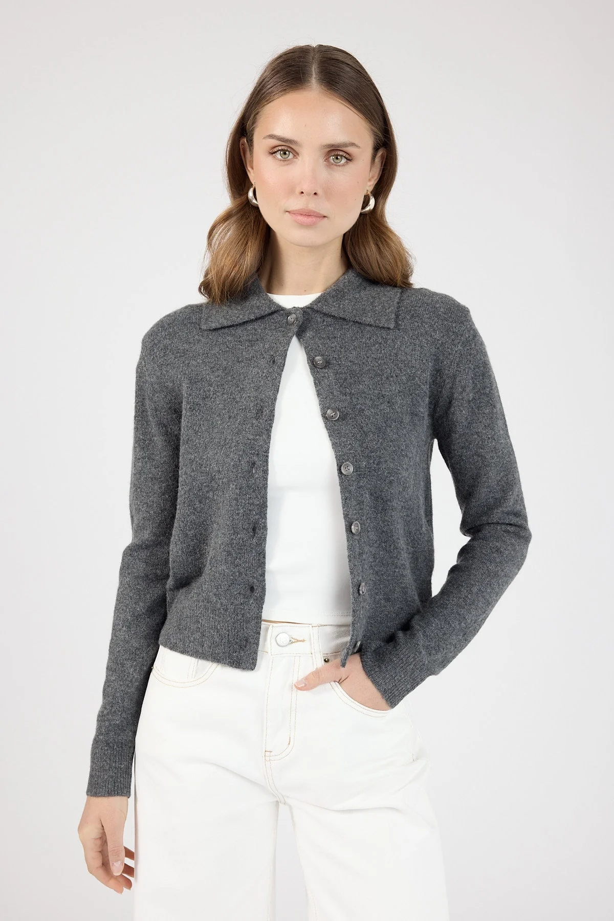 Collared Knit Cardigan Charcoal