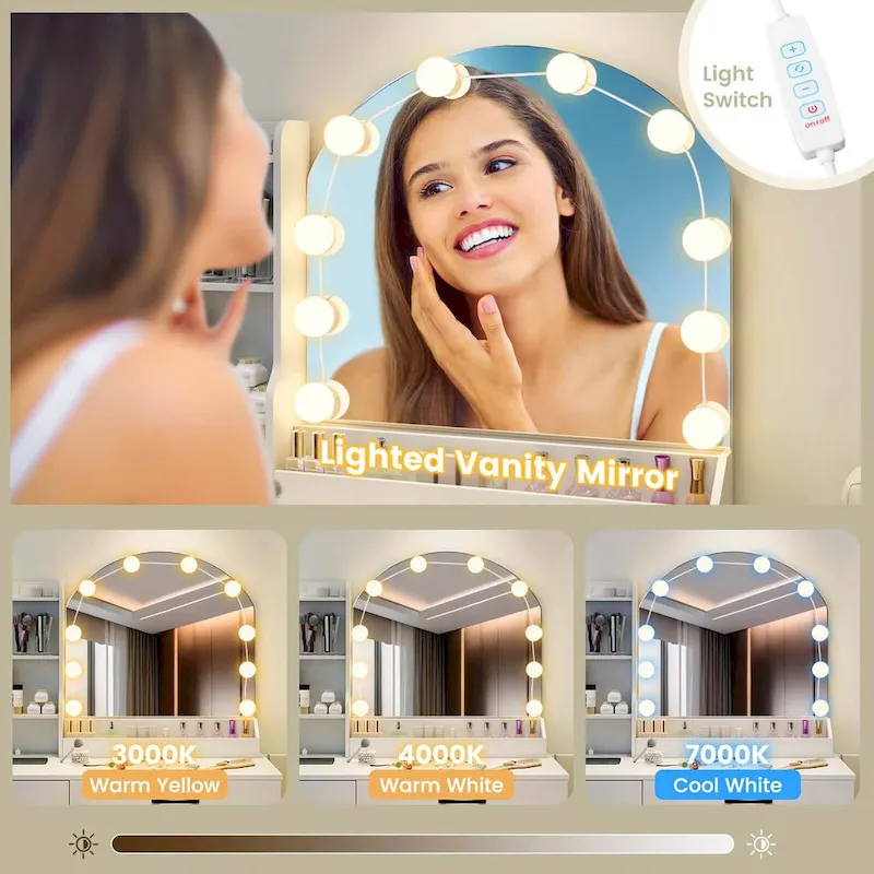 Vanity Set with LED Mirror and Lights, Dressing Table and Cushioned Stool