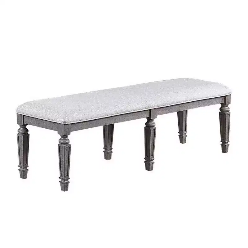Dining Bench with Turned Legs, 64 Inch Gray Wood and Fabric