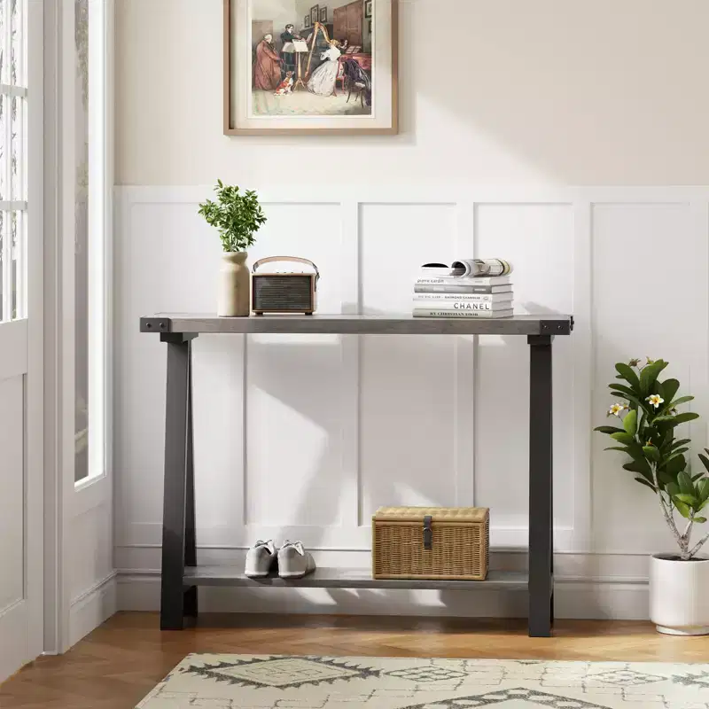 Farmhouse 2-Tier 43.3 Console Table  Metal Frame & MDF Narrow Sofa Table with Storage  Behind Couch Table for Entryway, Living Room, Hallway