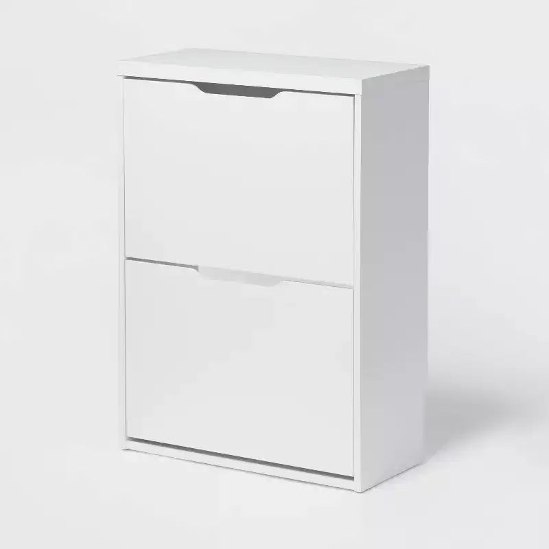 Pivot Open Shoe Cabinet – White Wood Laminate, Holds 12 Pairs, Freestanding