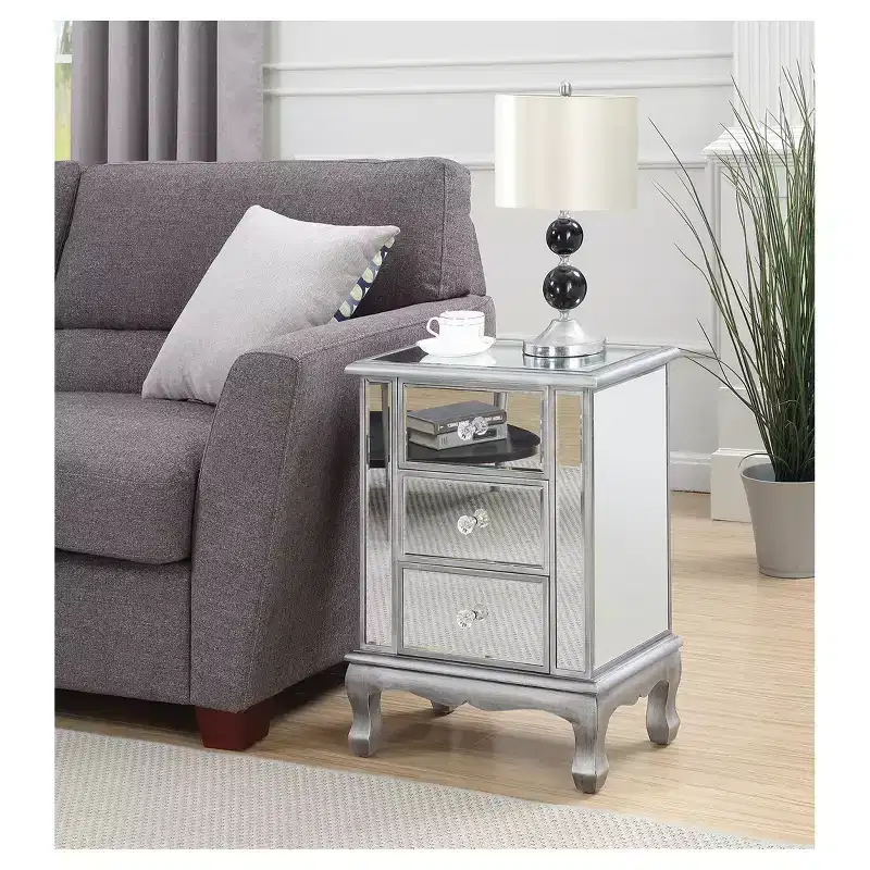 Mirrored 3-Drawer End Table with Silver Frame, 24.75