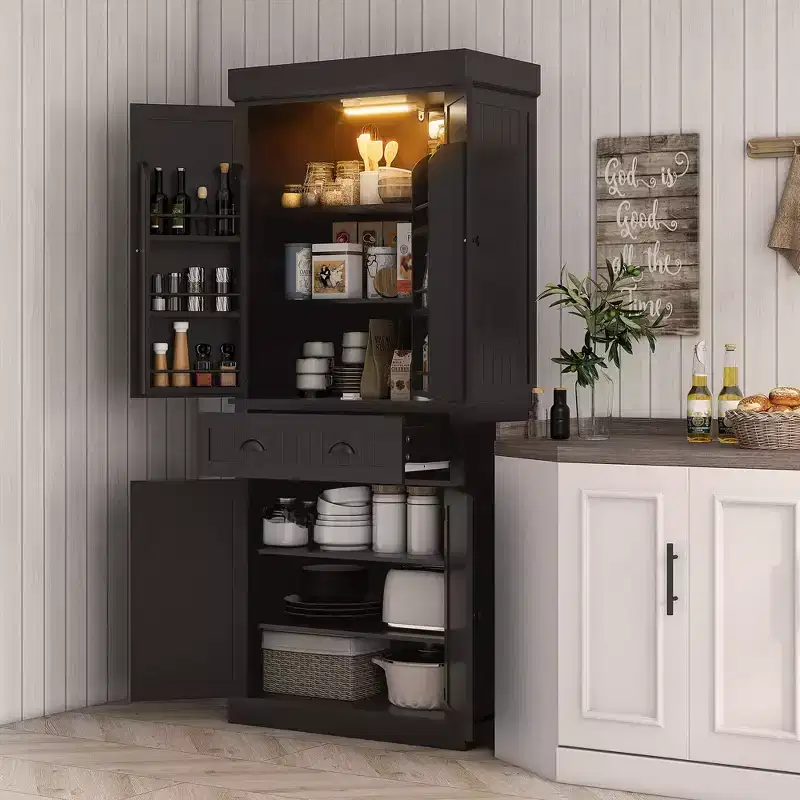 71 Kitchen Pantry Cabinet with LED Lights, 6 Door Shelves, a Drawer and 4 Adjustable Shelves