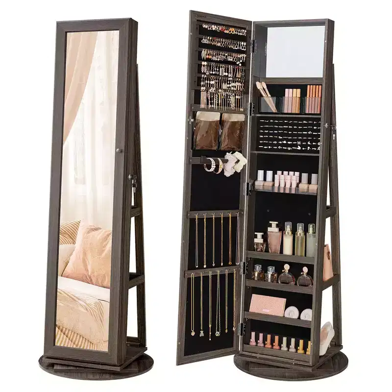 Mirror Jewelry Cabinet Organizer 360 Rotating Jewelry Armoire Storage Box