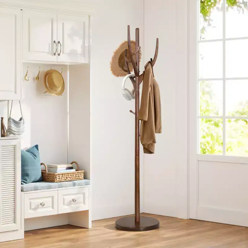 Solid Wood Freestanding Coat Rack with 12 Hooks and Sturdy Round Base, Heavy-Duty Hall Tree for Coats, Hats & Bags, Entryway Storage Stand