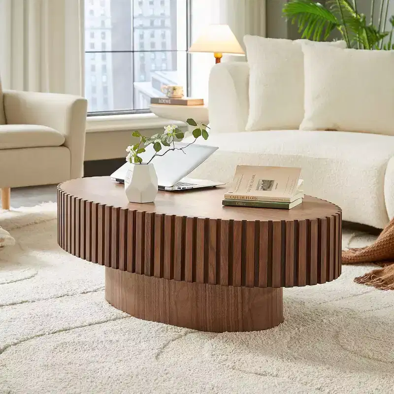 43.7 Inch Modern Oval Coffee Table, Handcrafted Center Table with Sturdy Pedestal for Living Room Bedroom Small Space