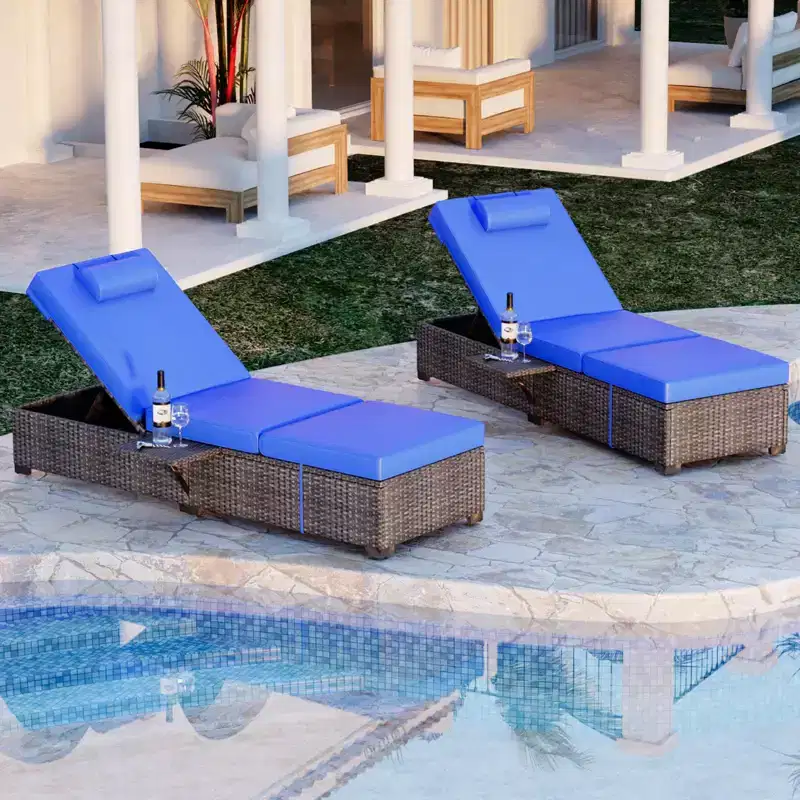 Outdoor Patio Rattan Chaise Lounge, Reclining Adjustable Pool Chaise Lounge Chair with Cushion, PE Wicker, Sunbathing Chair for Beach, Yard, Set of 2