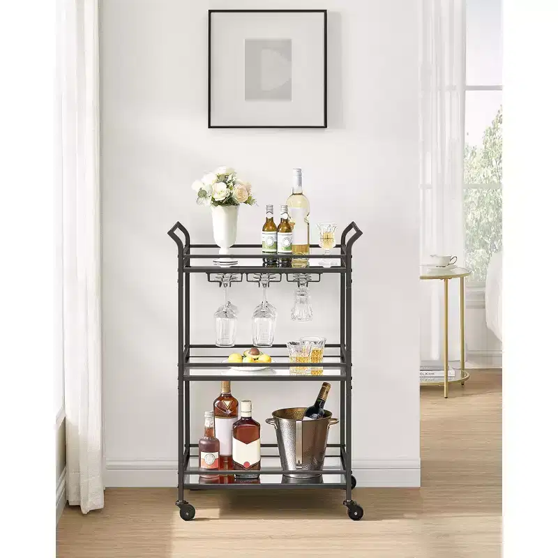 Bar Cart, Home Bar Serving Cart, Small Bar Cart with 3-Tier Shelf, Wine Holders, Glass Holders, Bar Cart, 15 x 23.6 x 36.2 Inches