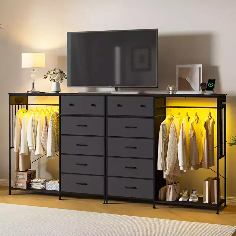 49 Wide Bedroom Dresser with Hanging Rack  Reversible 6-Drawer Chest, LED Lights & USB Charging Station, Fabric Front Panels