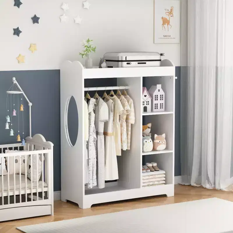 Kids Dress Up Storage with Mirror, Clothes Rack, Hanging Rod, 3 Side Hooks and Storage Shelves, White