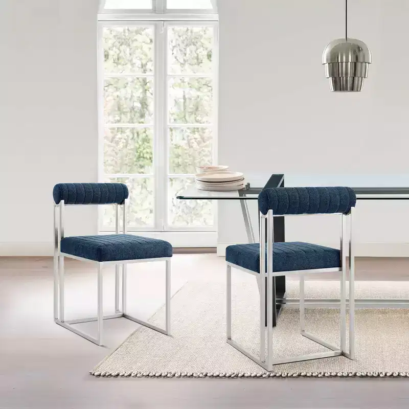 Armen Living Set of 2 Anastasia Brushed Stainless Steel and Fabric Dining Chairs