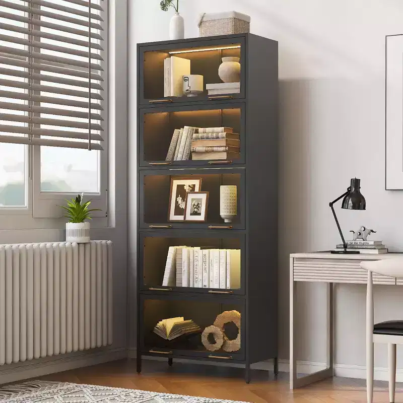 Tall Display Cabinet with Glass Doors, 5-Tier Steel Barrister Bookcase Curio Cabinet, Black