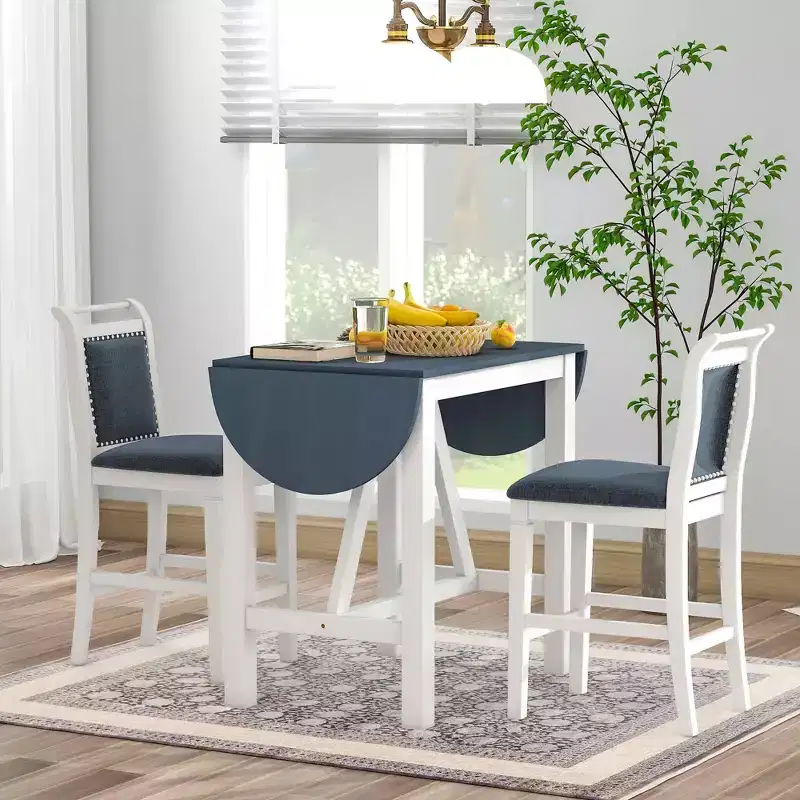 MAYEERTY 3-Piece Wood Counter Height Drop Leaf Dining Table Set, 2 Upholstered Chairs Small Space Table Set, White + Gray