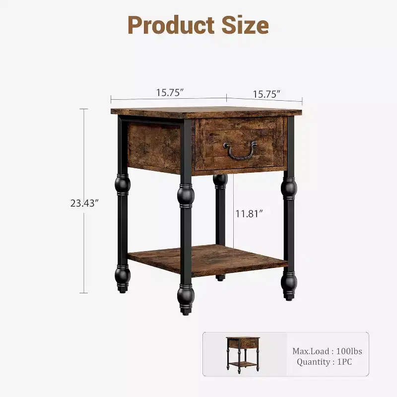 Industrial Side Table with Storage, 2 Tiers Nightstand with Drawer, Featured Bedside for Bedroom, Living Room and Small Space