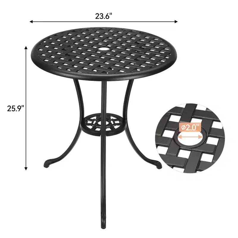 Bistro Table, Round Cast Aluminum Dinning Retro Table with 2 Inch Umbrella Hole, Pub Height Bistro Table for Porch, Backyard, Garden, Balcony